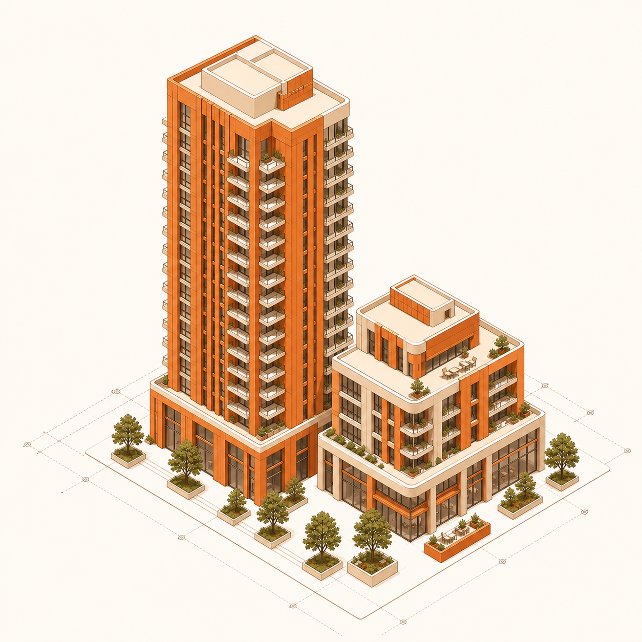 Isometric residential tower and mixed-use building on a surveyed plot